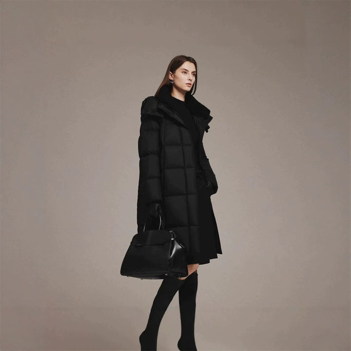 Long women's down coat with lambskin collar