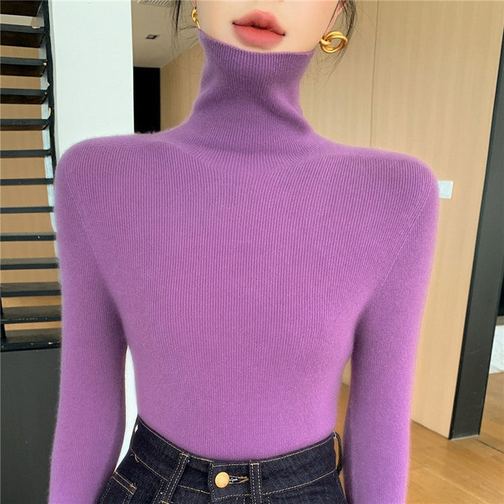 Women's knitted pullover with stand-up collar, fitted
