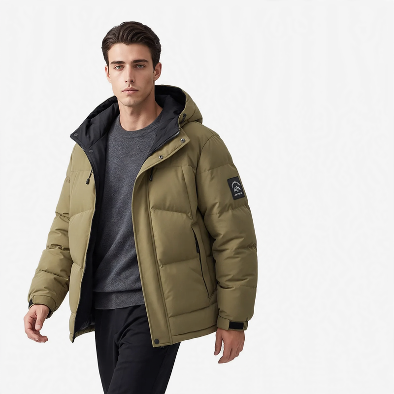 Padded men's winter jacket with hood and wind protection