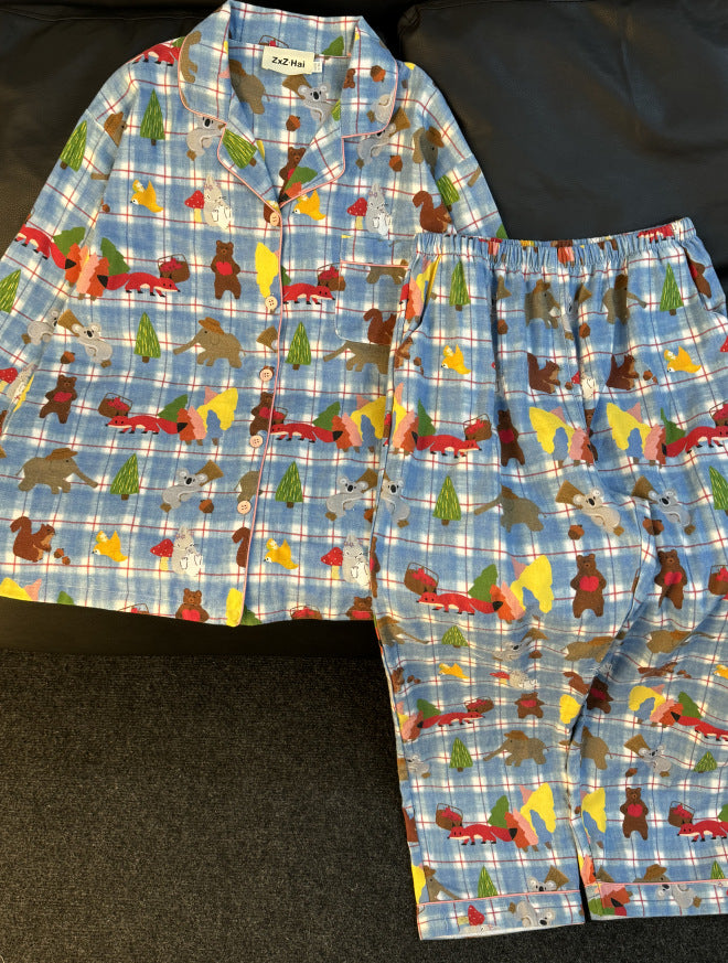 Cotton house suit, brushed, long, cartoon design