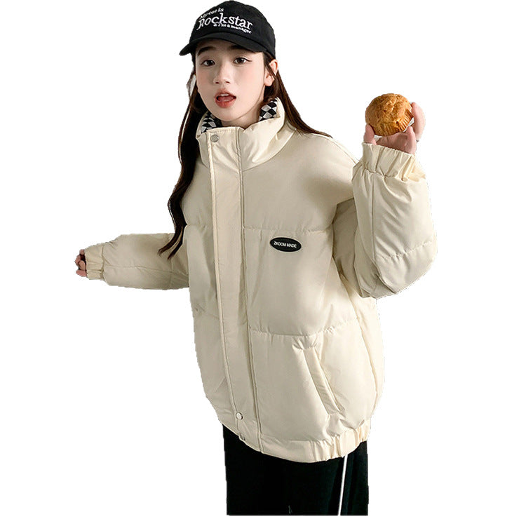 Loose, padded winter jacket with stand-up collar