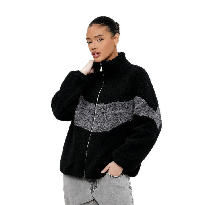 Women's coat with zipper, lambskin look, two-color