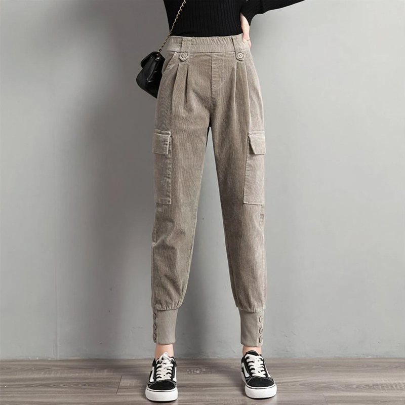 Women's corduroy pants, wide cut, carrot shape