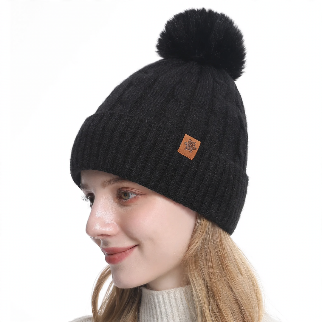 Winter set consisting of knitted hat, scarf, and gloves