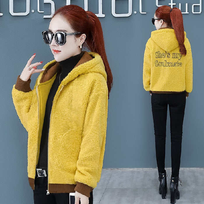 Lamb fleece coat, hood, padded