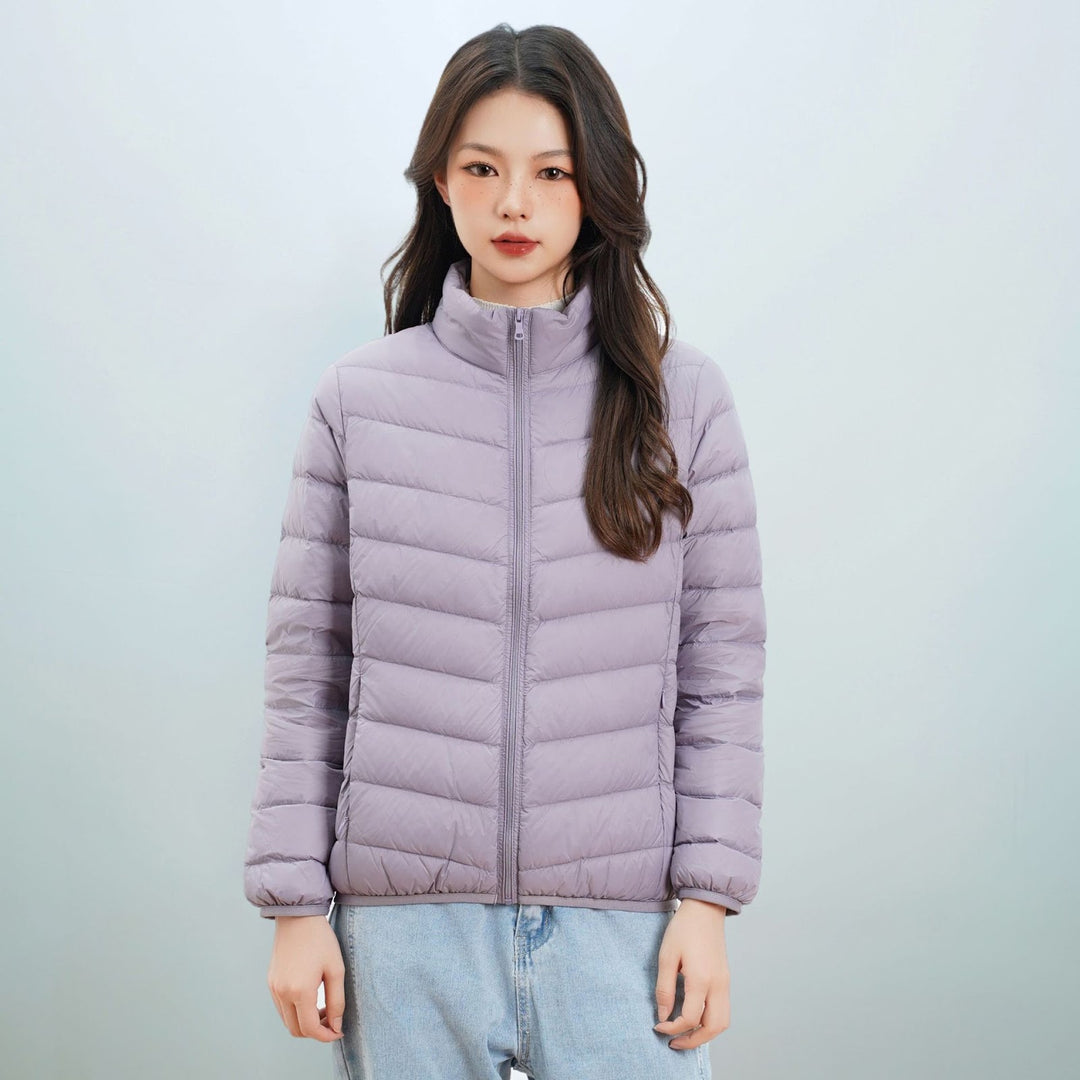 Light women's down jacket with stand-up collar