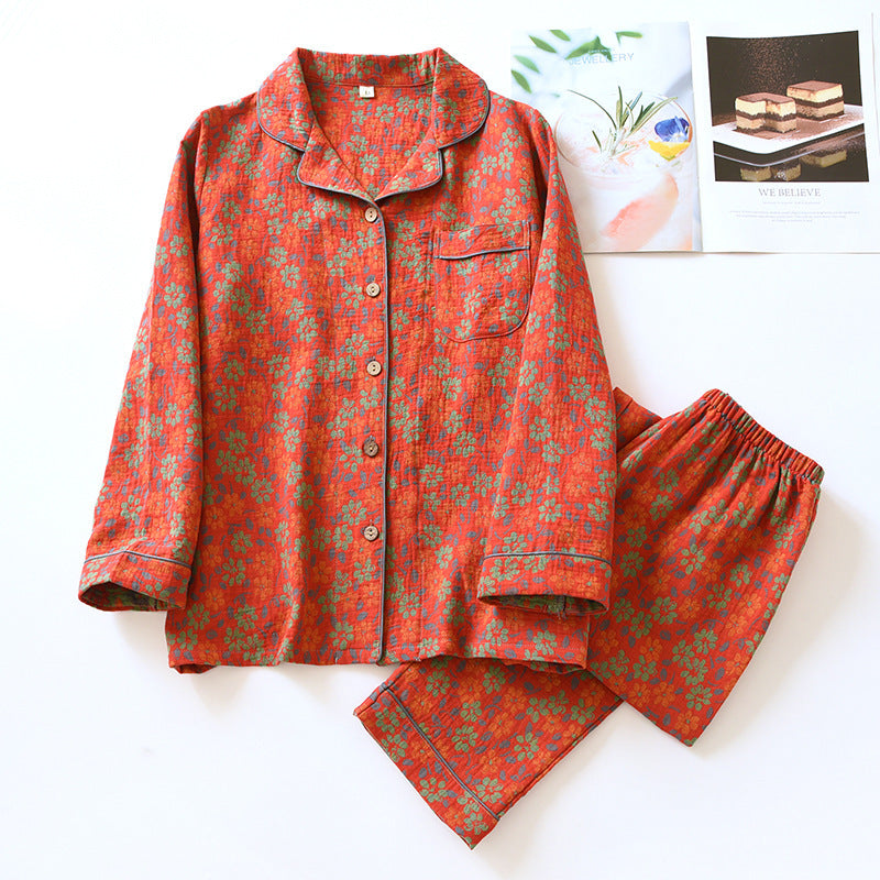 Women's loungewear suit, cotton, long-sleeved, with button placket
