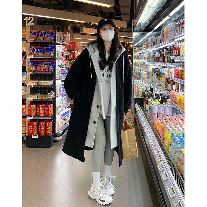 Lamb fleece imitation hooded jacket, mid-length, padded