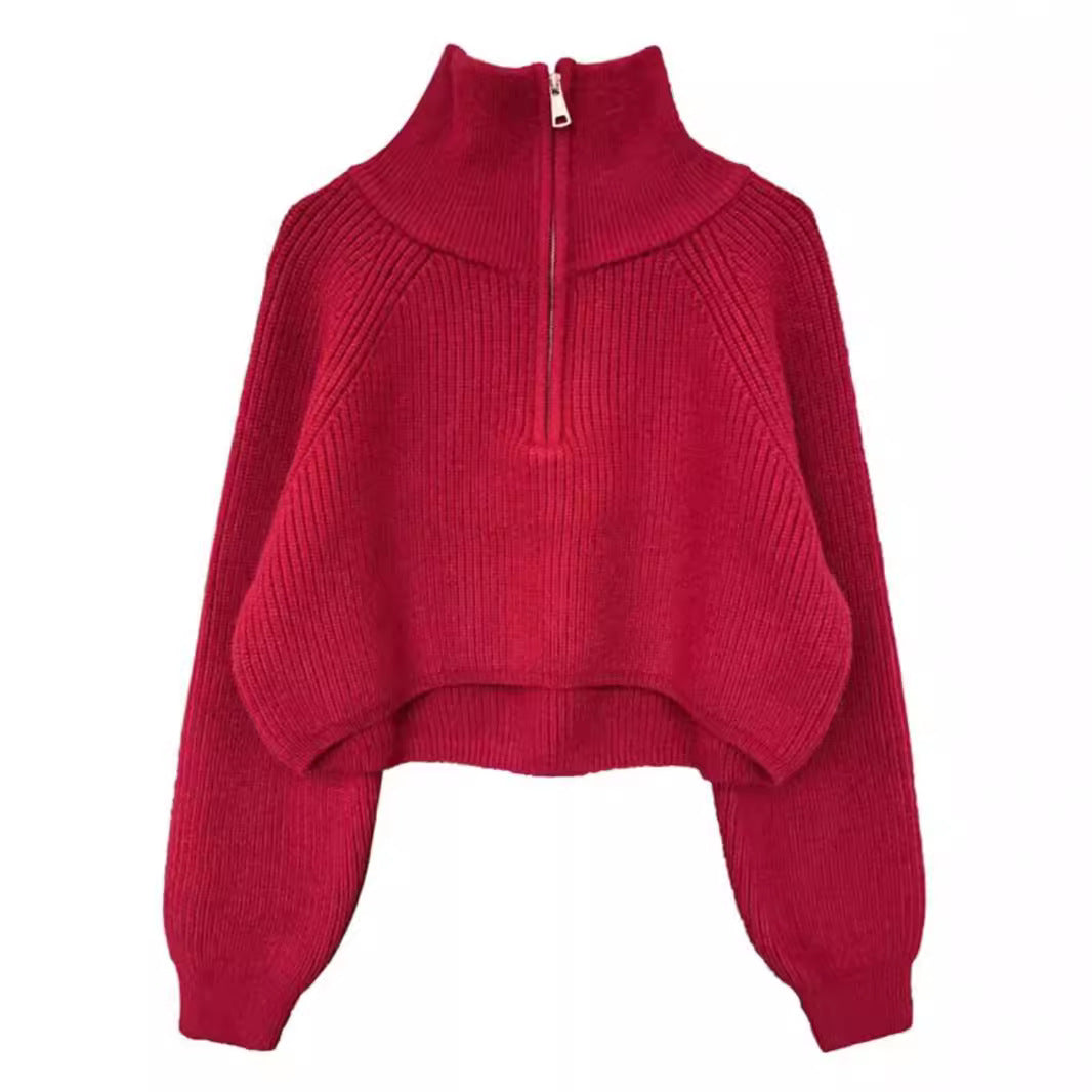 American retro knit sweater with half zipper