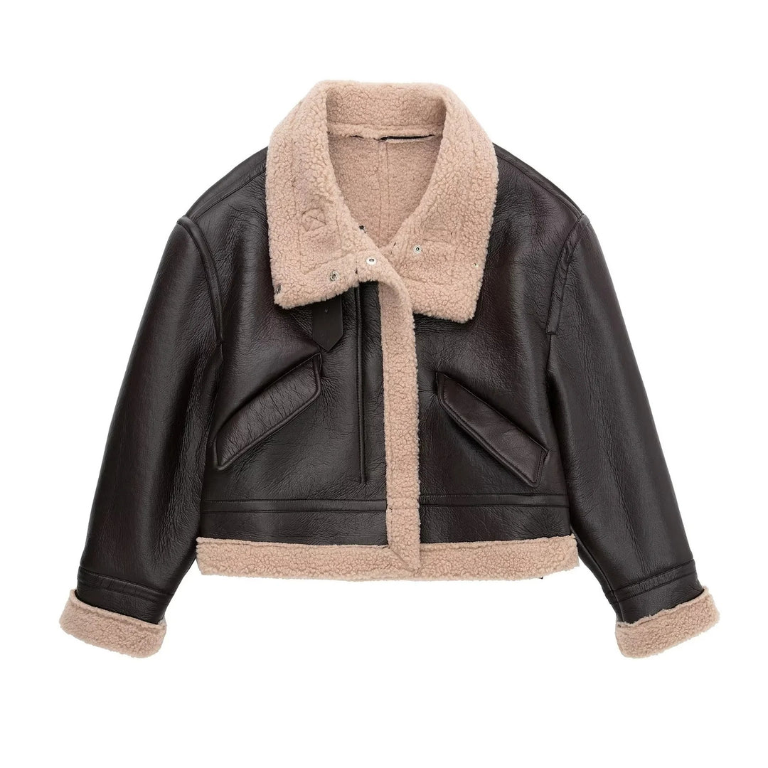 Padded faux leather jacket with lambskin look and lacing