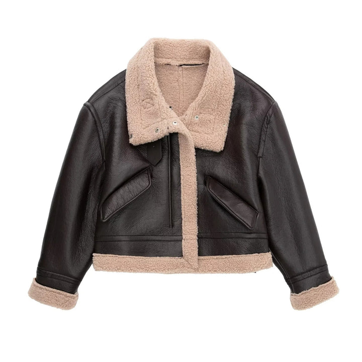 Padded faux leather jacket with lambskin look and lacing