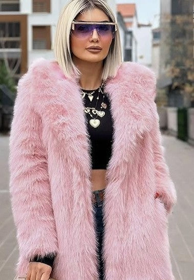 Long faux fur coat with large lapels