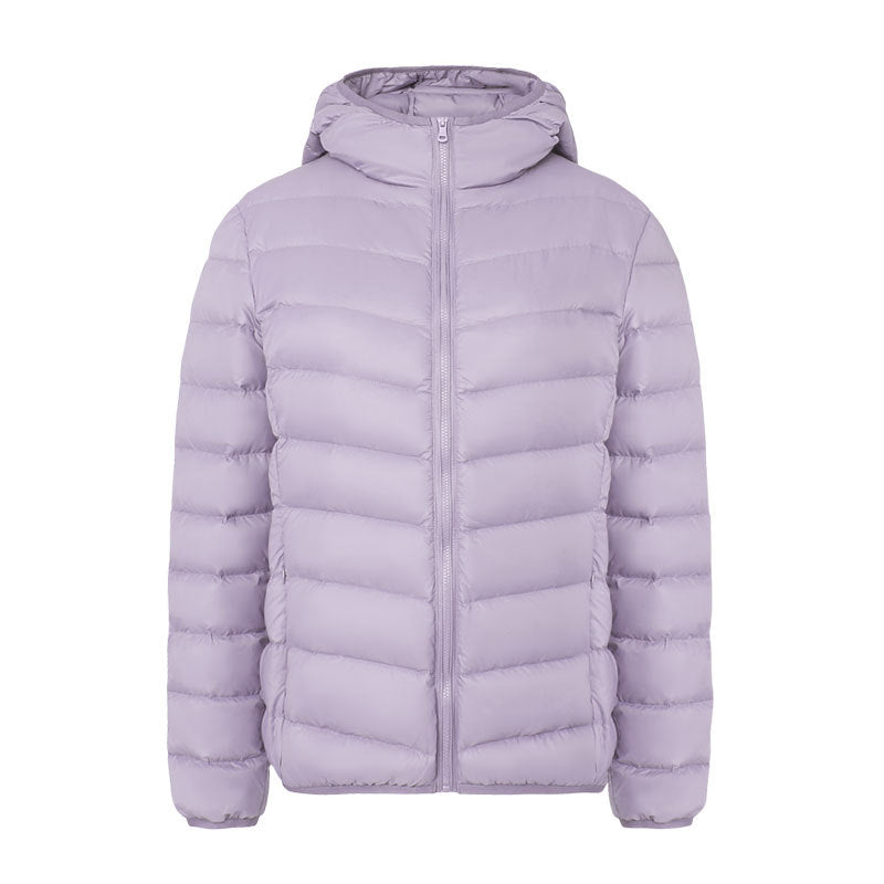 Light women's down jacket with hood, water-repellent