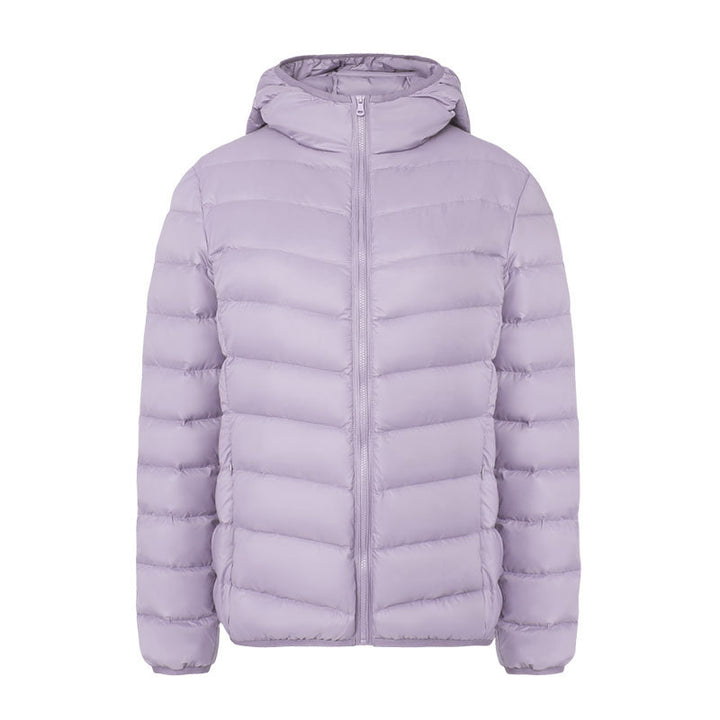 Light women's down jacket with hood, water-repellent