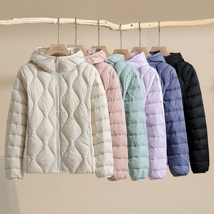 Lightweight, thin down jacket with hood for women