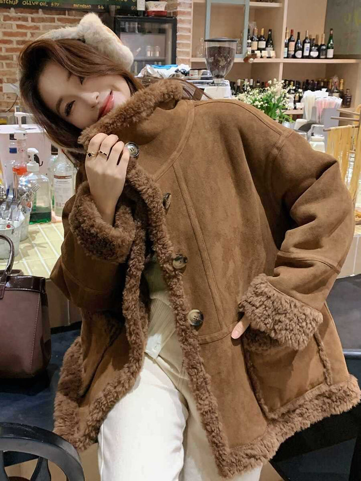 Ladies' coat, lambskin look, suede finish, mid-length