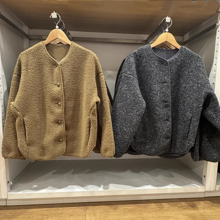 Casual fleece cardigan with lambskin look