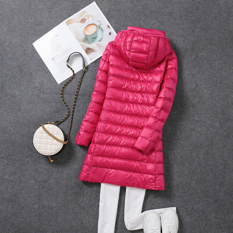 Women’s down coat, medium length, with removable hood