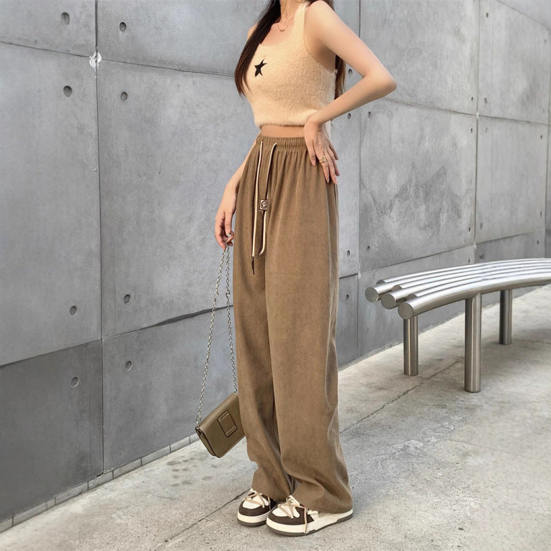 Cord Wide Pants with Drawstring and High Waist