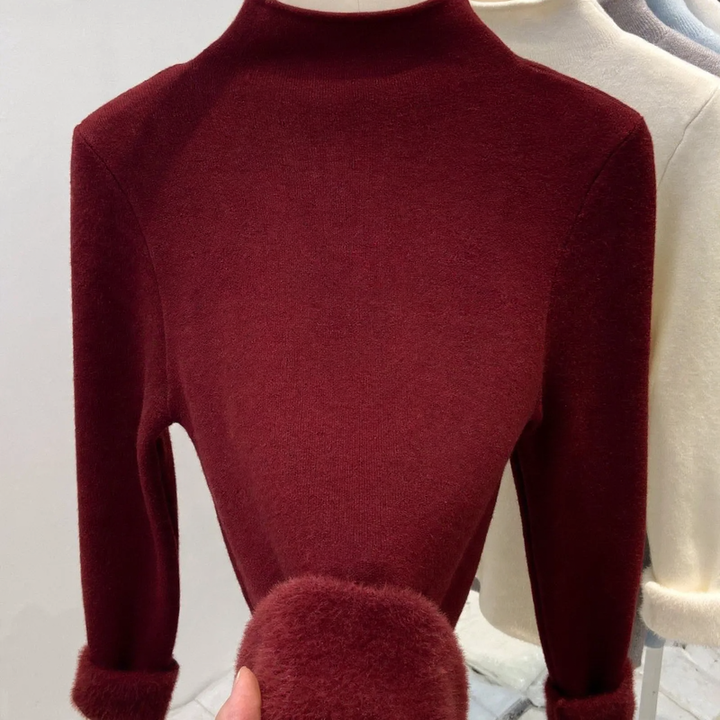 Women's sweater with stand-up collar and fleece lining