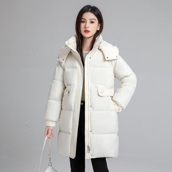 Mid-length women's padded jacket with hood, insulated