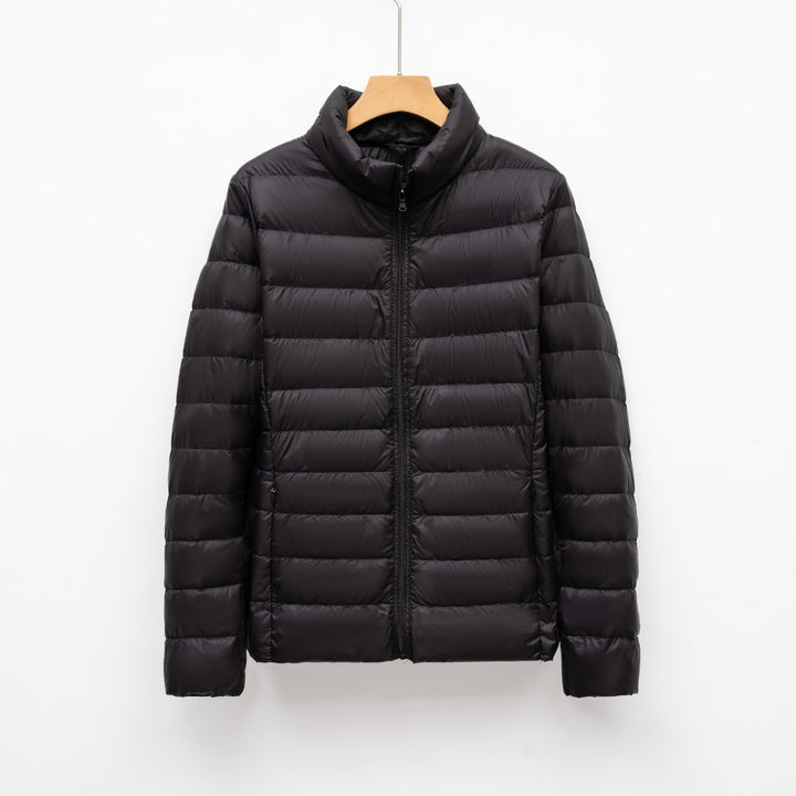 Light women's down jacket, stand-up collar, slim fit