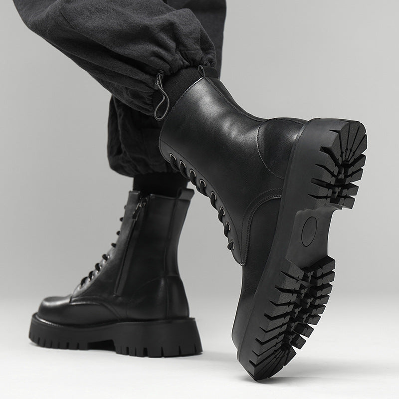 Men's platform boots, lace-up boots, zipper, synthetic leather