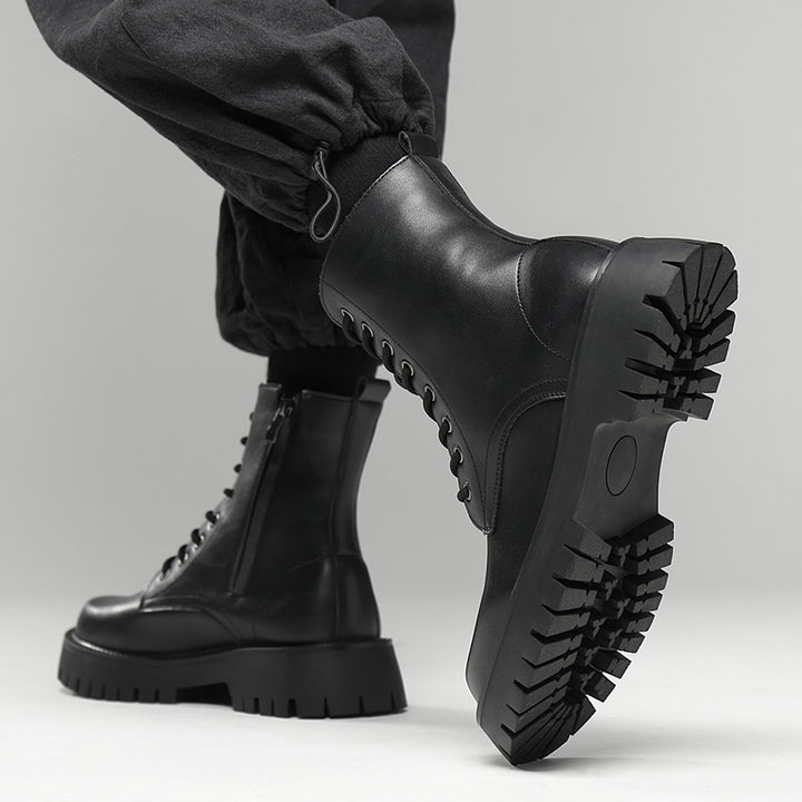 Men's platform boots, lace-up boots, zipper, synthetic leather