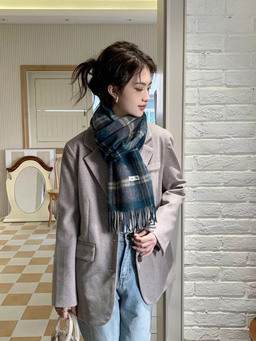 Wool scarf, 100% wool, checked, 30x180 cm