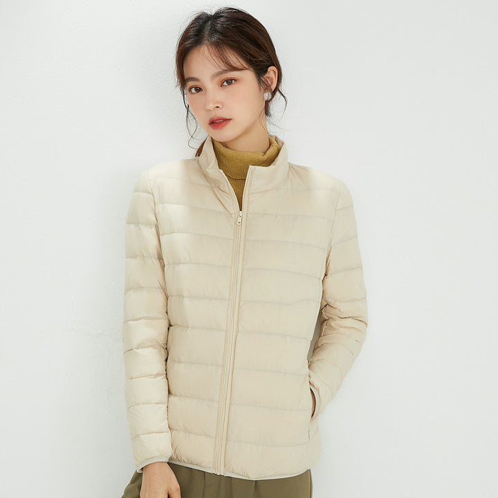 Light women's down jacket with stand-up collar