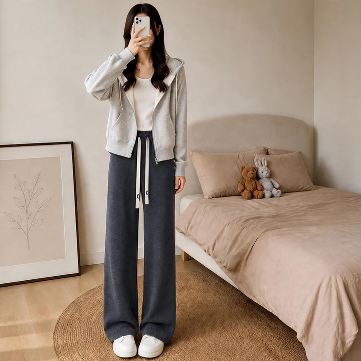 Padded chenille wide-leg trousers with high waist
