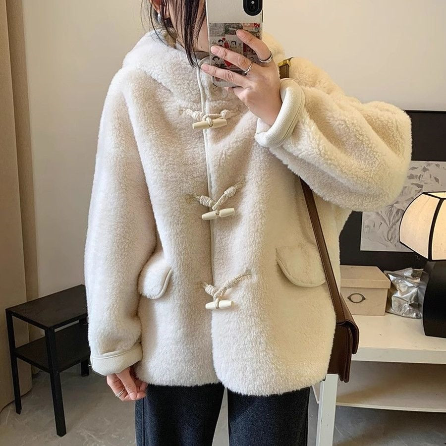 Women’s Lambskin Imitation Coat with Toggle Buttons and Hood