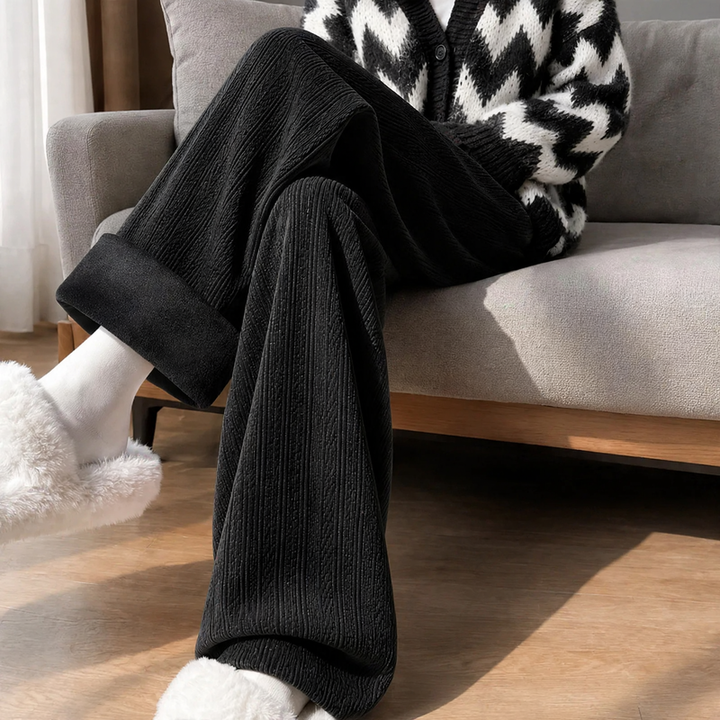 Fleece-lined cord wide leg pants for women