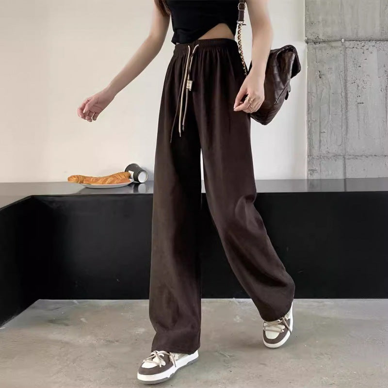 Cord wide trousers with drawstring, high waist, straight cut