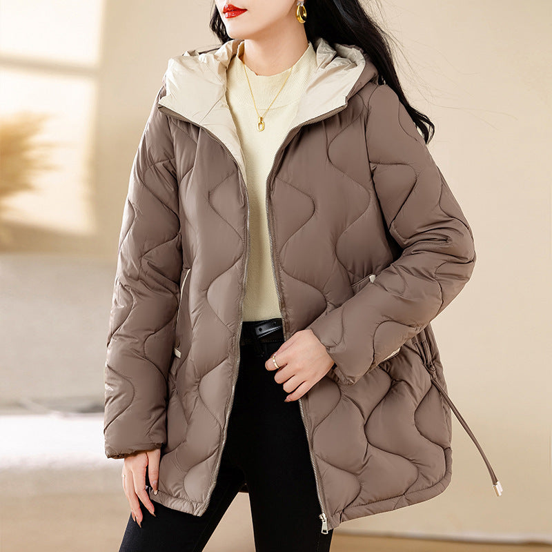 Women's quilted jacket, medium length, collarless