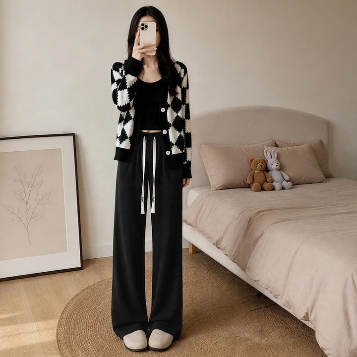 Padded chenille wide-leg trousers with high waist