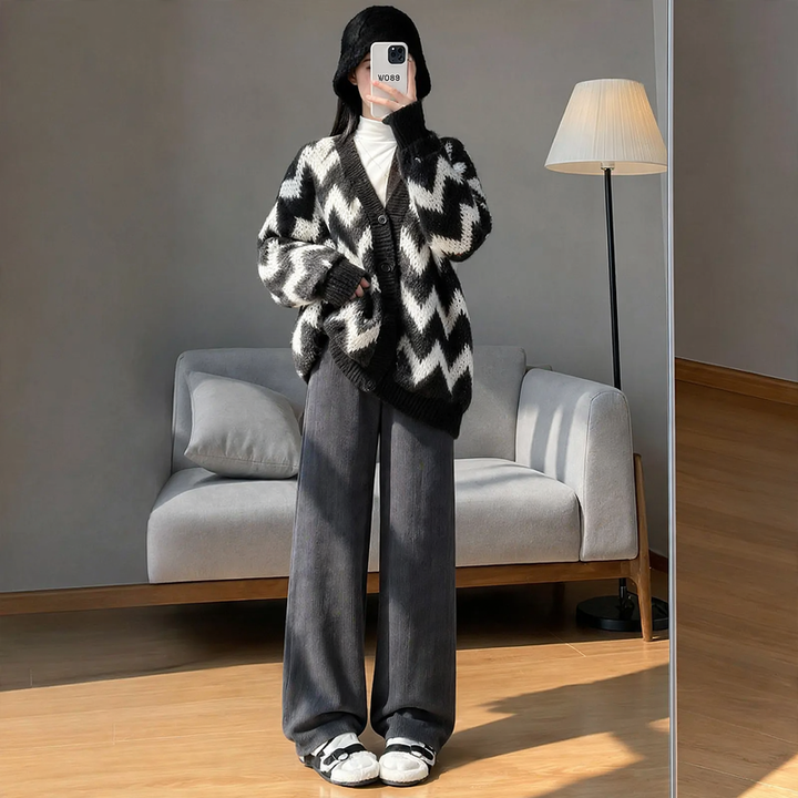 Padded chenille wide pants for women, straight cut