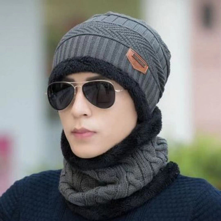 Knitted beanie with scarf, lined, men, winter