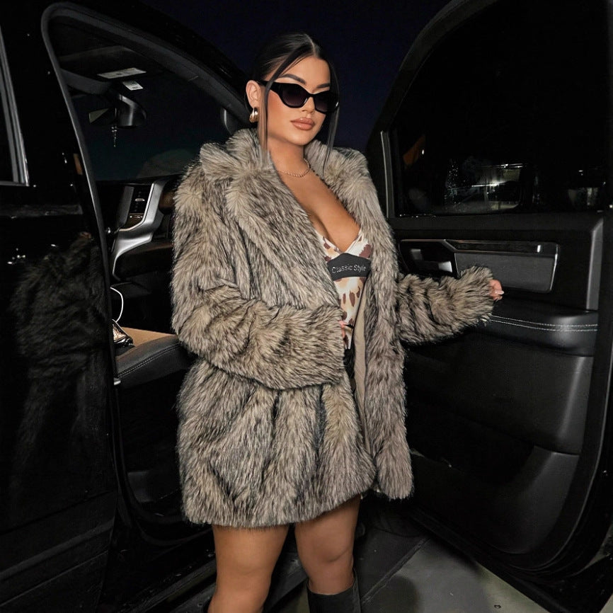 Long faux fur coat with lapel collar