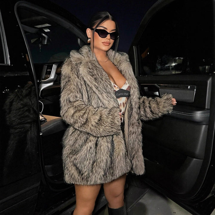 Long faux fur coat with lapel collar