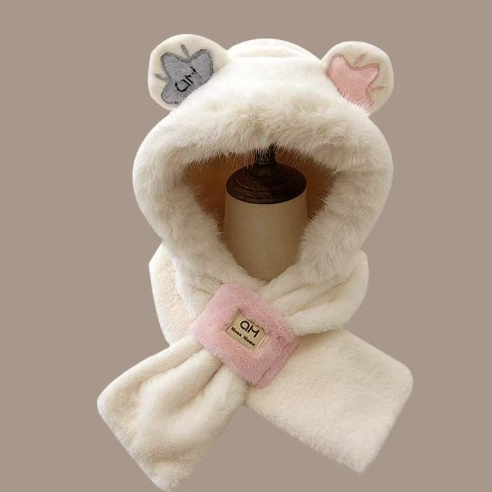 Plush hooded scarf with bear design, lined
