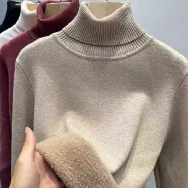 Women's knitted pullover with inner fleece, high collar