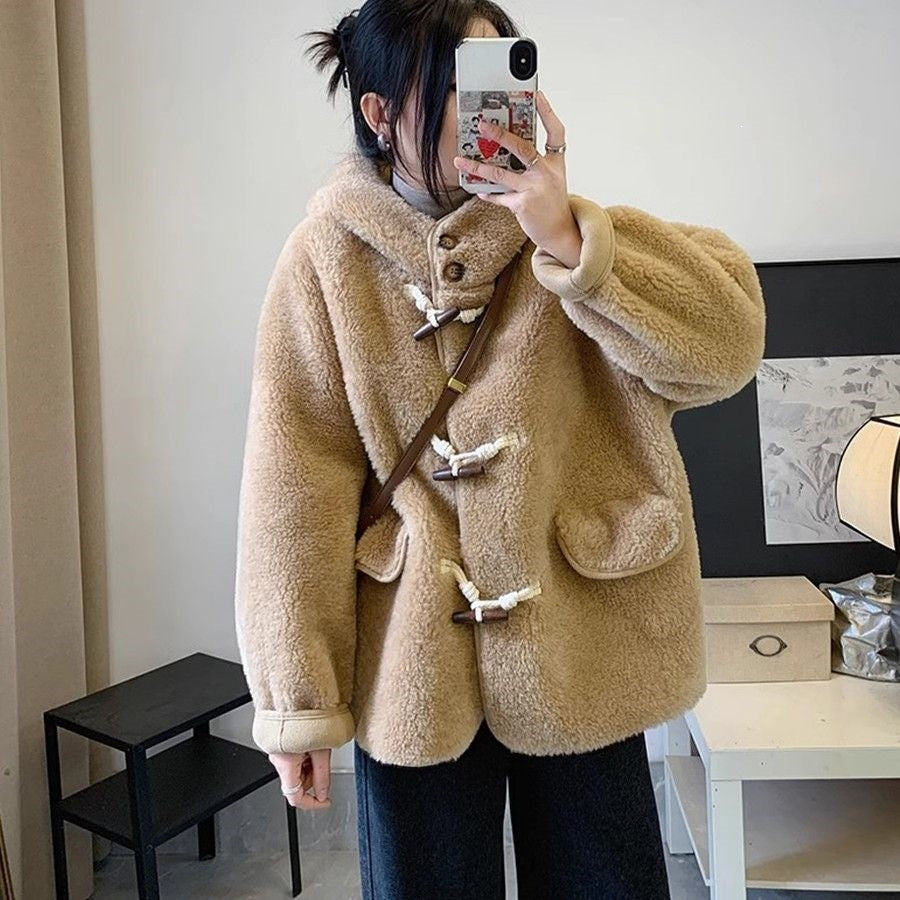 Women’s Lambskin Imitation Coat with Toggle Buttons and Hood