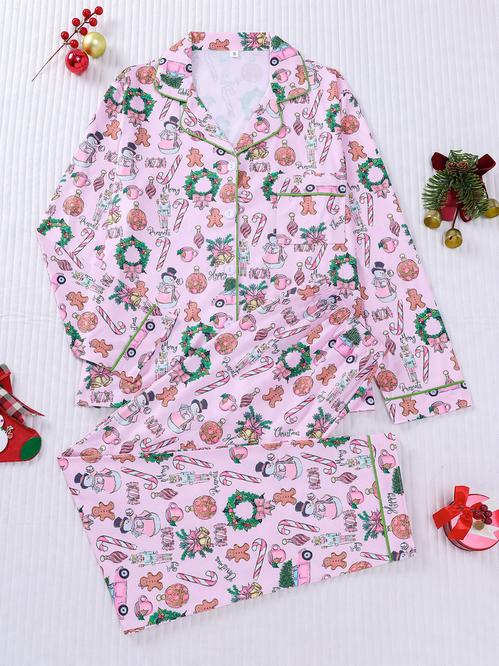 Women's Pajama Set, striped, Christmas tree print, notched collar