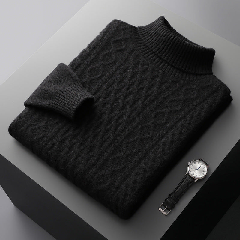 Men's wool sweater with shawl collar and cable knit pattern
