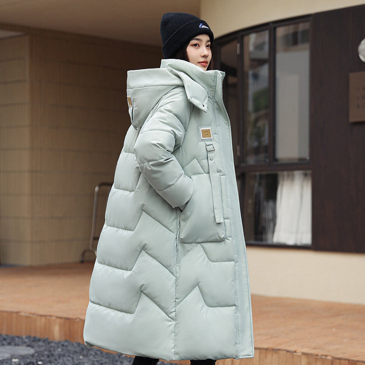 Long women's coat, knee-length, detachable hood