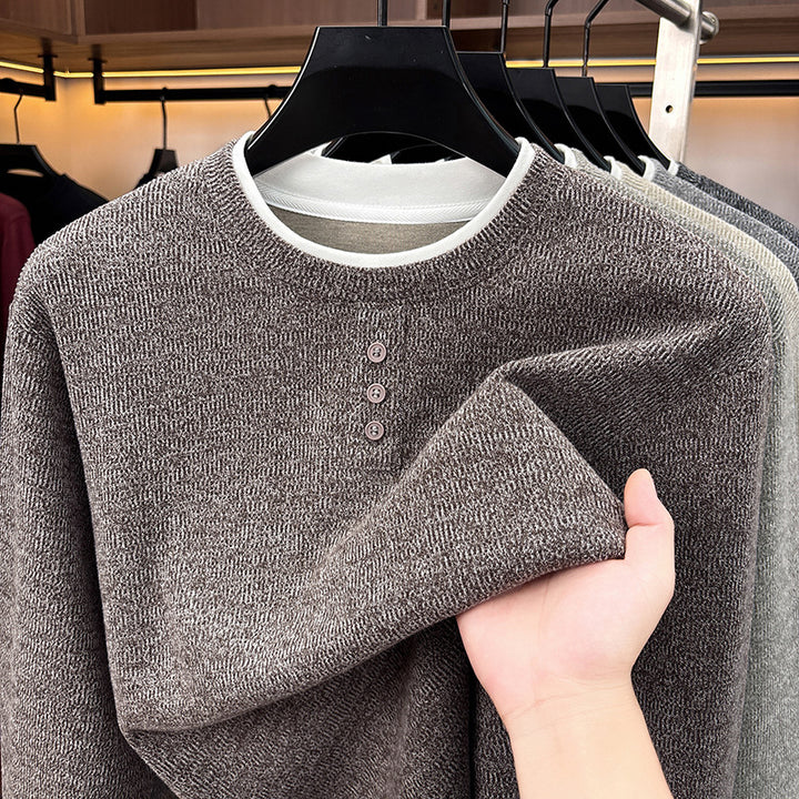 Men's knitted sweater, round neck, long sleeve, fake layer look