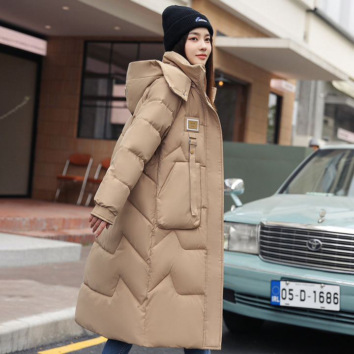 Long women's coat, knee-length, detachable hood