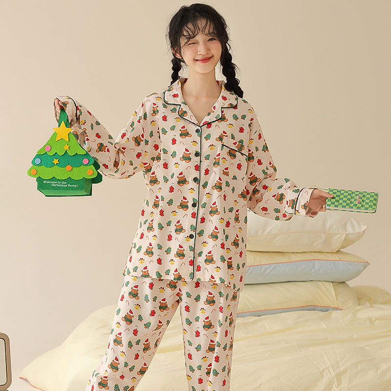 Women's cotton pajamas, long-sleeved, with lapel collar