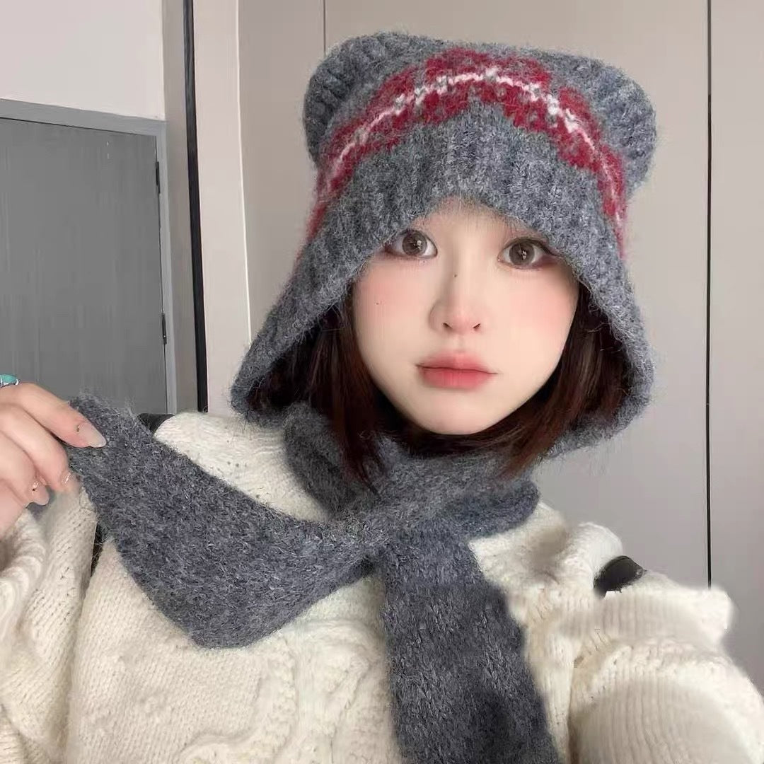 Knit cap with scarf, bear design, women, winter